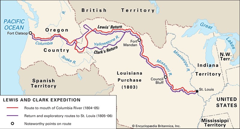 The expedition traveled almost 8,000 miles over the course of two years, from St. Louis to the Pacific Ocean and back. Image obtained from Encyclopedia Britannica. 