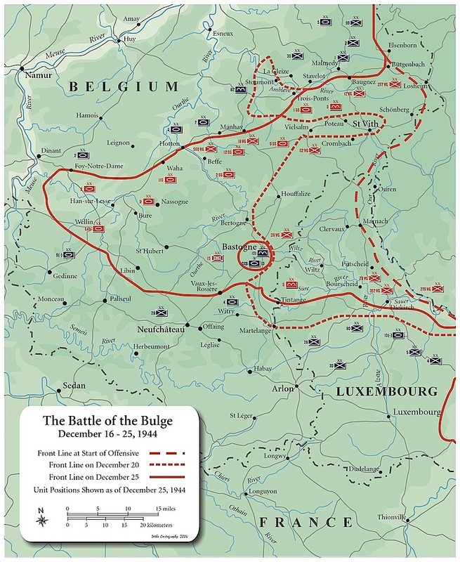 The German offensive created a large bulge in the front lines, resulting in the name Battle of the Bulge. Image obtained from HistoryNet.