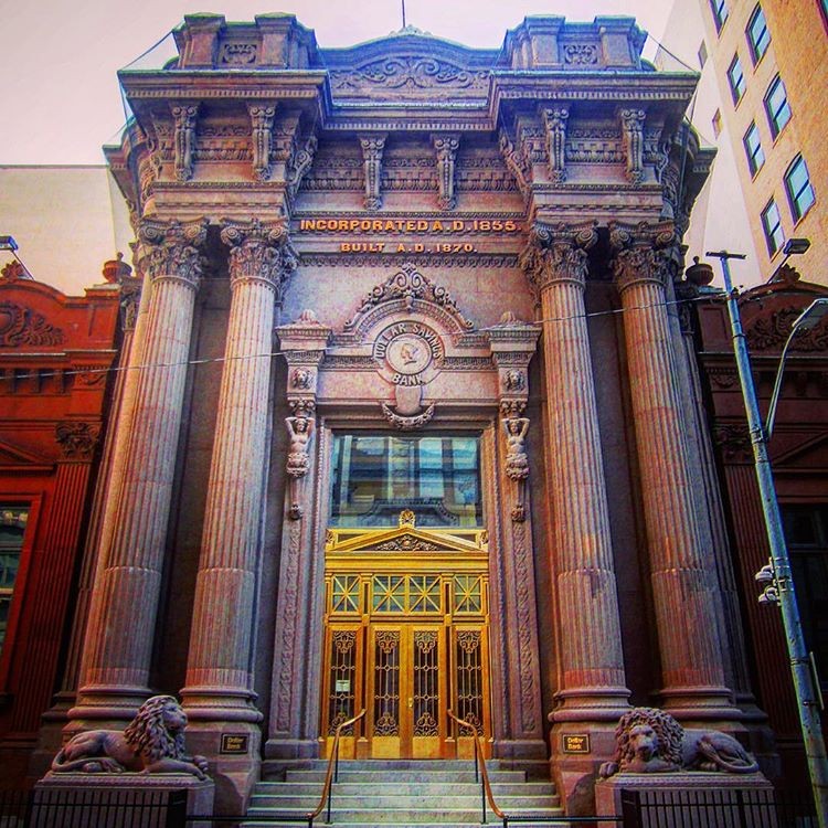 The Beaux Arts Dollar Bank Building is built primarily of 14,000 tons of Connecticut brownstone.  