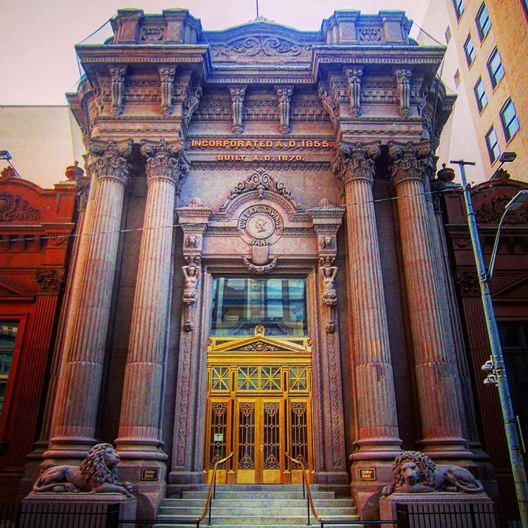 The Beaux Arts Dollar Bank Building is built primarily of 14,000 tons of Connecticut brownstone.
