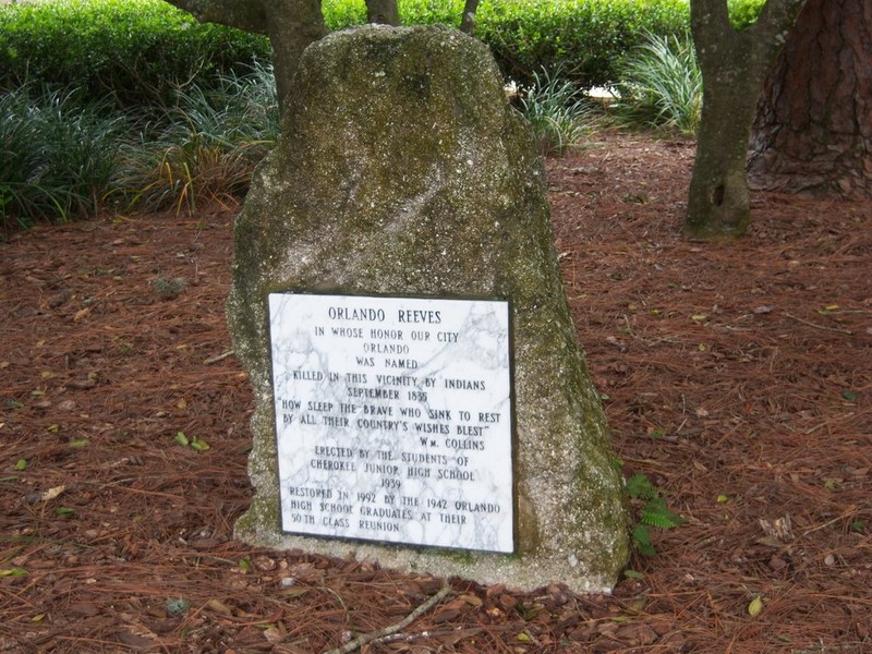 The Orlando Reeves monument in Lake Eola was placed in 1939 by the students of Cherokee Junior High School. It was later restored in 1992. Image obtained from Panoramio. 