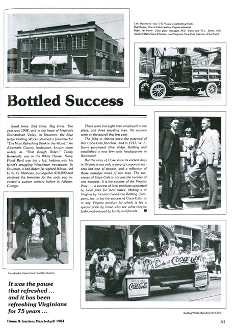 1984 Coca-Cola advertisement featuring Betty Sams Christian as a child, "Bottled Success," in Shenandoah Virginia Town and Country. Mar./Apr. 1984 (p. 51), image courtesy of the Library of Virginia.