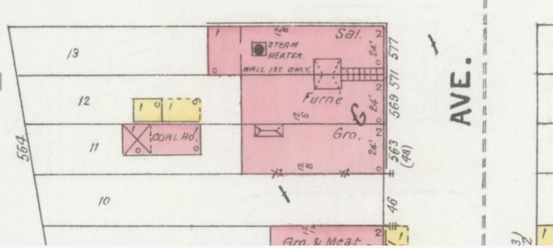 General Palmer Hotel Building in 1904 with three businesses (Sanborn Map Company p. 8)