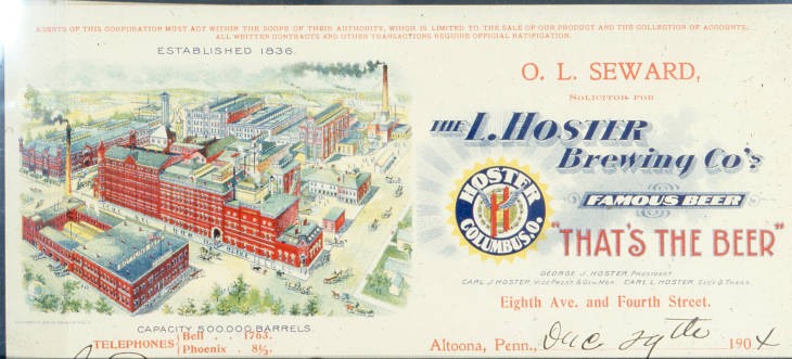 Postcard used for the business depicting the large brewery buildings and boasting a 500,000 barrel capacity. Slogan of "That's the beer," featured. 