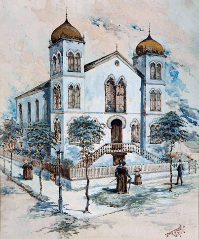 A historic watercolor and pencil drawing of the Temple of Israel on the street corner. A gold dome tops each tower, and the synagogue is surrounded by 3 trees.