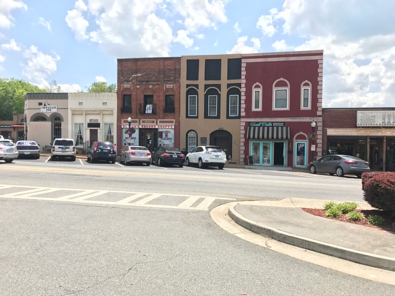 A present day photo of historic buildings along N. Main Street.