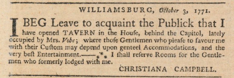1771 advertisement for Campbell's tavern, Virginia Gazette, Purdie and Dixon, October 3, 1771, image courtesy of the Library of Virginia.