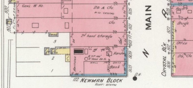 Newman Block on 1910 Sanborn map (blue=stone, red=brick) of Durango (Sanborn Map Company 1910 p. 7)