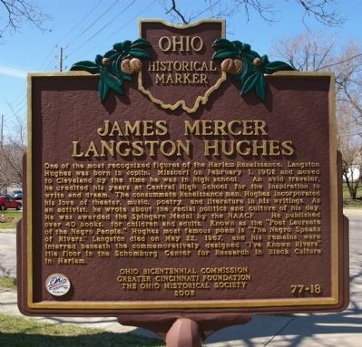 The marker is located outside of the Langston Hughes branch of the city's public library system.