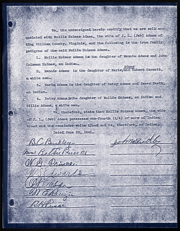 A document signed by eight people certifying that Mollie Holmes Adams was an Indian, in the James R. Coates Papers, 1833-1947, Accession 31577, Library of Virginia.