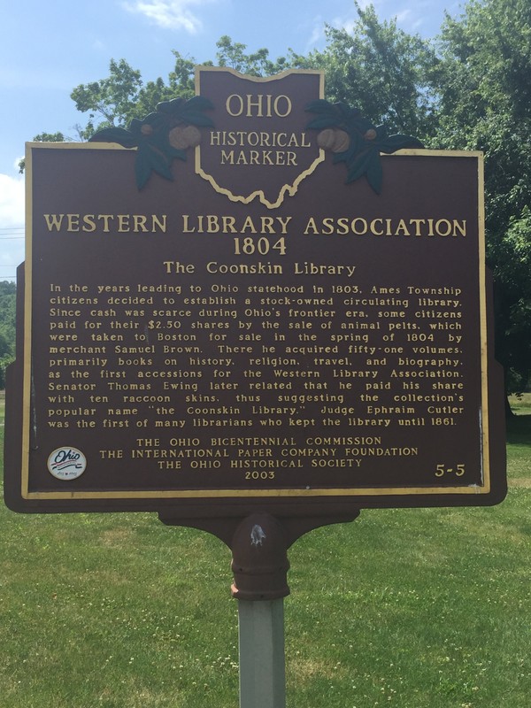 Here is the Ohio Historical Marker for the Coonskin Library located in the town's park. Erected in 2003 by the Ohio Historical Society, this marker also gives a short synopsis of the library's history. Photo by J Hazen on June 12, 2017.