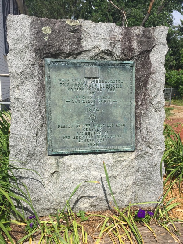 This is a marker placed outside of the museum by the Nabby Lee Ames Chapter of the Daughters of the American Revolution. Erected in 1925, this marker calls attention to Amesville as the site of the Coonskin Library. Photo by J Hazen on June 14, 2017.