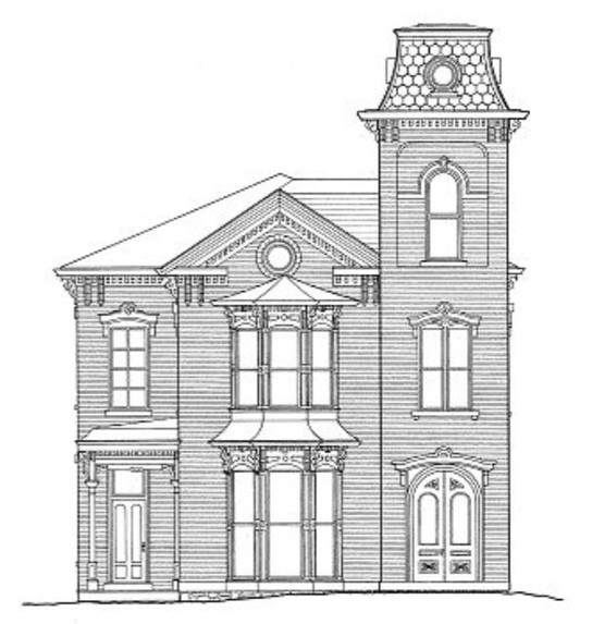 Drawing of front of Ward House in 1982, south elevation (HABS drawing)