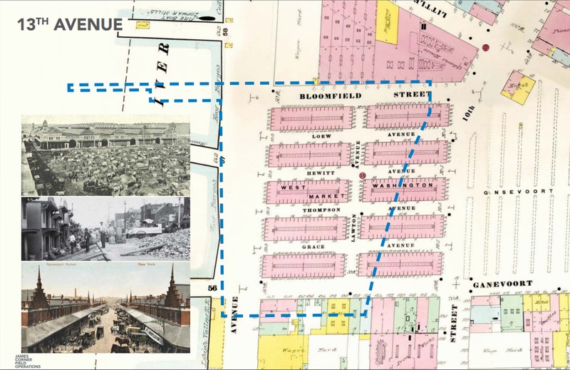 This photo overlays the modern Gansevoort Peninsula atop the historic area of 13th Avenue, developers plan to retain some elements of the original 13th Avenue in the site's development