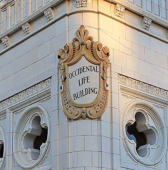 Close up of the building's sign 