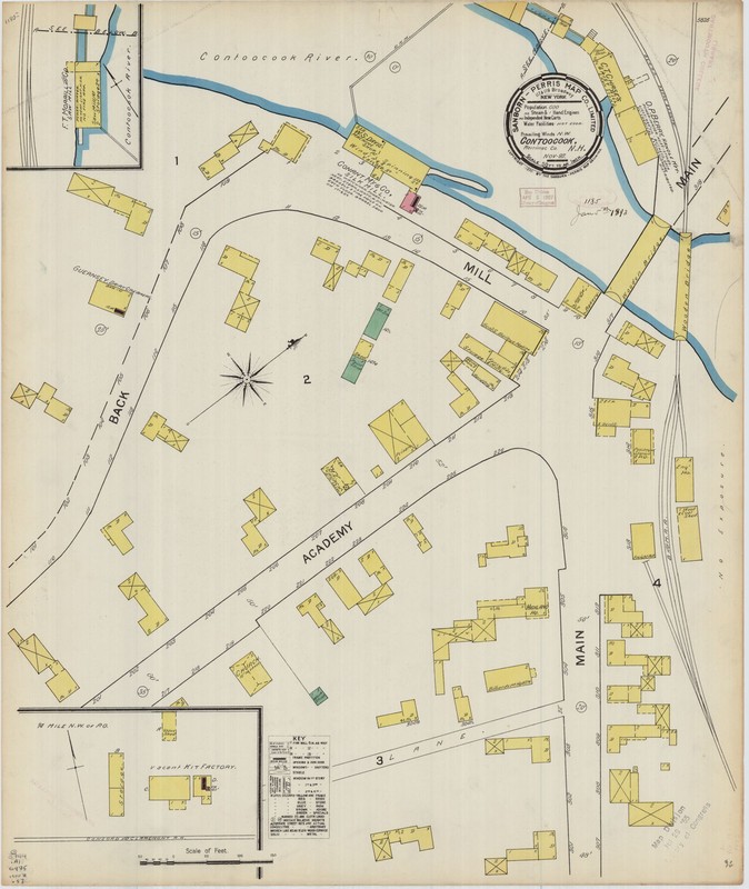 In 1884, the Contoocook rail center consisted of the following buildings: the depot and ell, freight house, engine house, water house, wood shed, three hand car houses, and rail shop.  All of these structures, with the exception of the depot and freight house, had been removed by 1904.  Since then, the freight house has also been removed.  This 1892 Sanborn Insurance Map shows the location of these structures. 