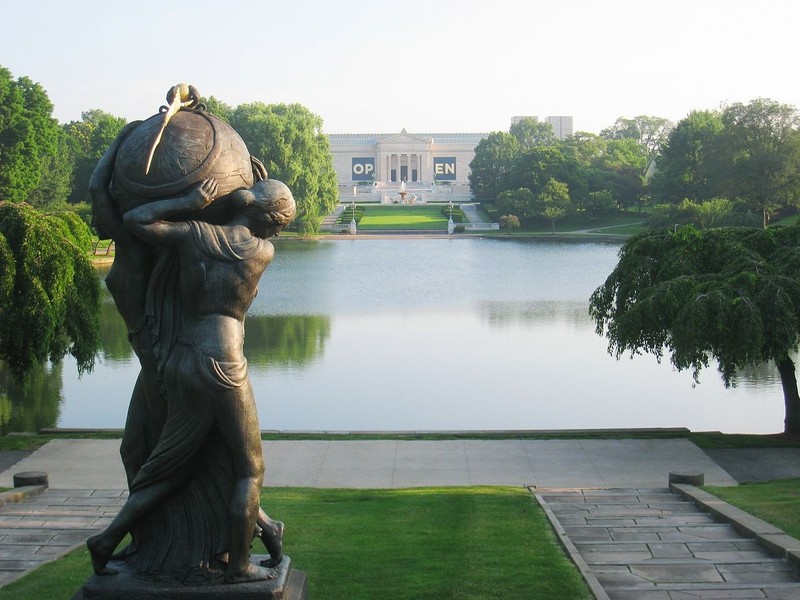 This sculpture, "Night Passing the Earth to Day" by Frank Jirouch, which is part of the museum's collection, overlooks the Wade Lagoon towards the museum. Other sculptures are located on the museum grounds as well.