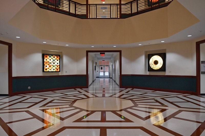 Interior photo of two-story atrium 