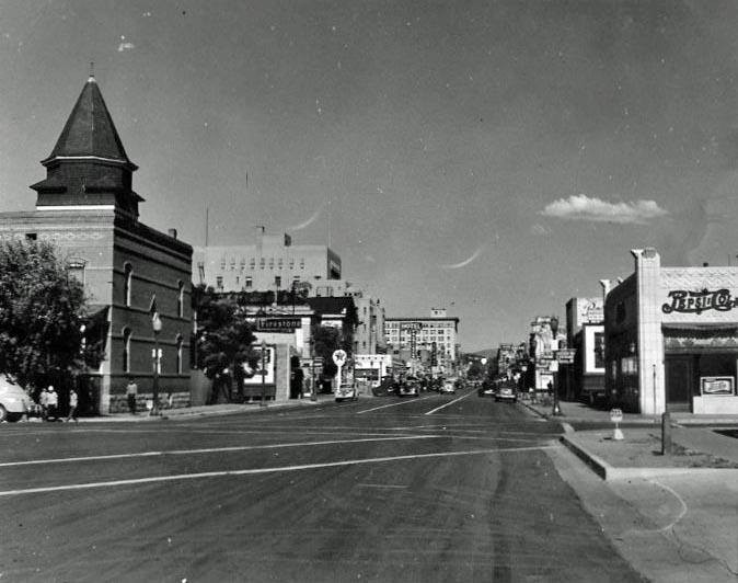 Circa 1949. The Skinner Building, then used by Pepsi Cola Co., is seen on the right.