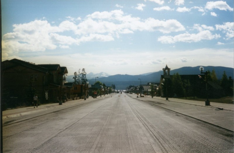 Main Street in Frisco, during a paving project looking towards the Continental Divide. Circa 1990's.