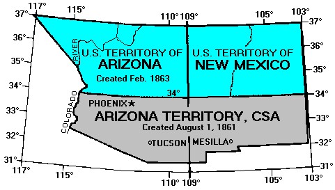 Map of the New Mexico and Arizona territories as of 1861. Also depicts the portion that joined the Confederacy. 