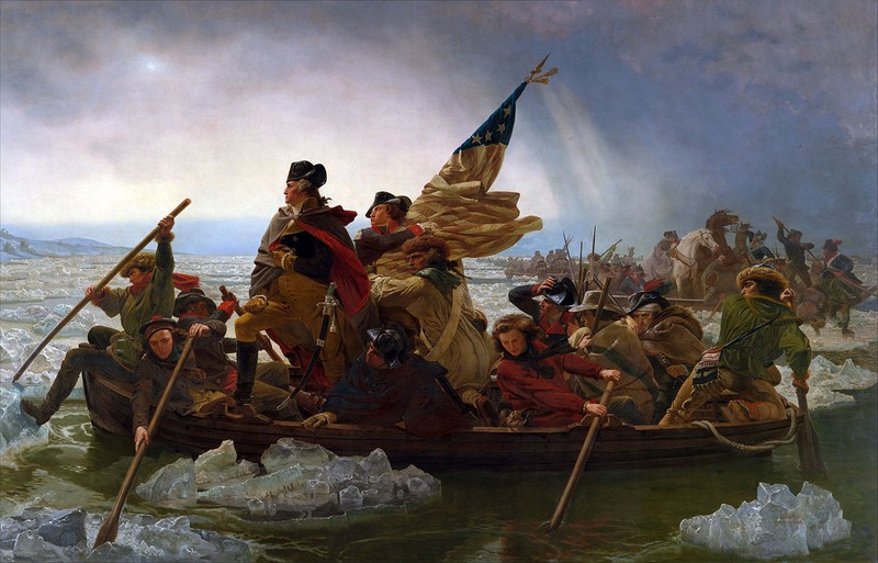 The famous 1851 painting by Emanuel Leutze of Washington confidently crossing the Delaware River. 