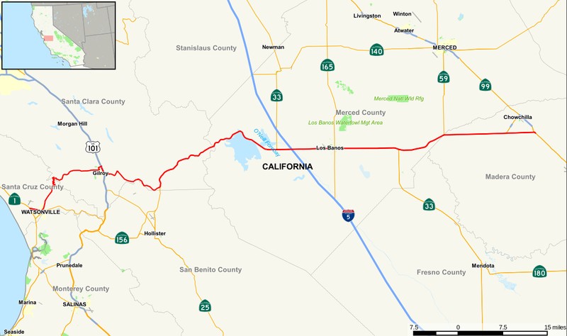 A map of Highway 152 that runs west from Chowchilla to Watsonville.