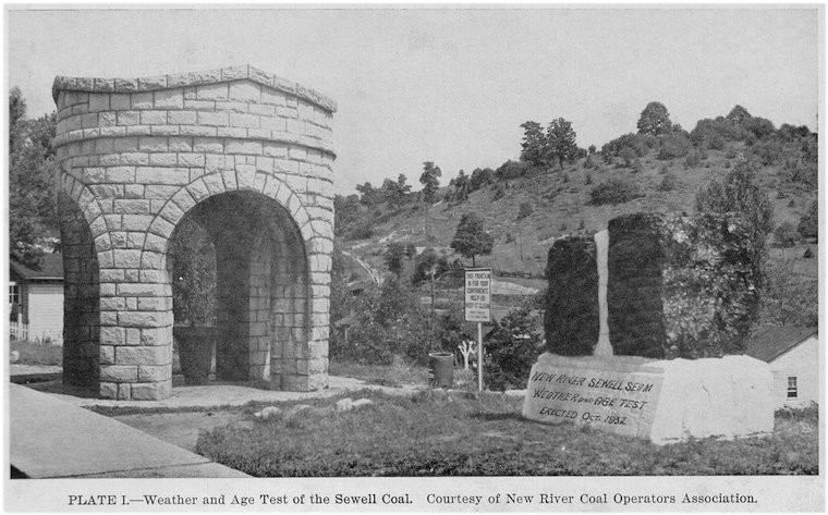 Weather and age test monument of the Sewell Coal Seam erected in 1932. 