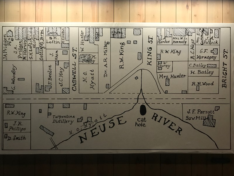 A Map of Kinston, NC and the location of the cat hole, where the ship was outfitted.
