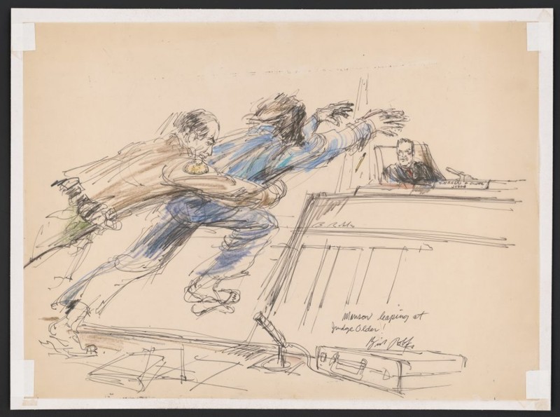 Bill Robles’s sketch of Charles Manson leaping toward Judge Charles Older in 1970. (Gift of Tom Girardi via Library of Congress.) (Image and caption from The Washington Post)