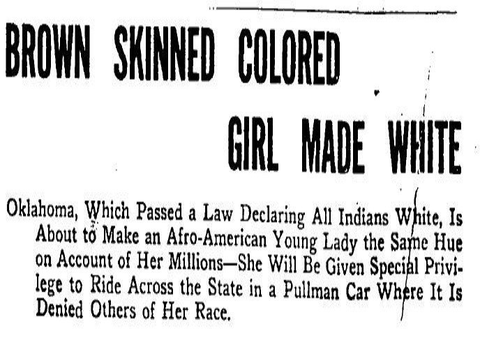 Newspaper headline in 1913, claiming that Rector would legally be declared white in order to be able to ride in segregated train cars