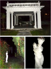 Sculptures and the building's patio at night.