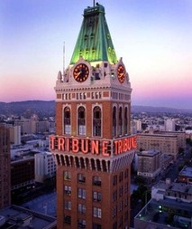 Tribune Tower lit up in colours. 