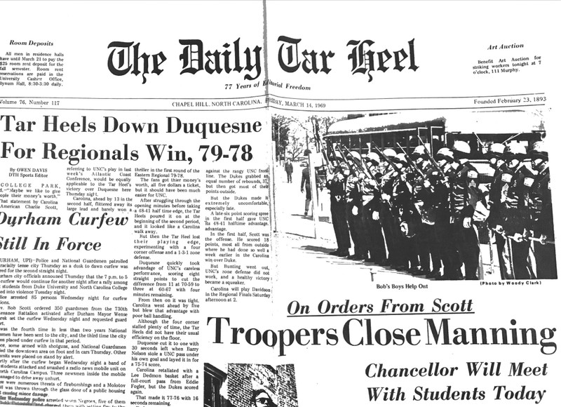 Newspaper headline from The Daily Tarheel on March 14, 1969, announcing the closing of Manning Hall and its Soul Food cafeteria. Governor Bob Scott ordered state troopers to assist in the evacuation of protesters and foodworkers.