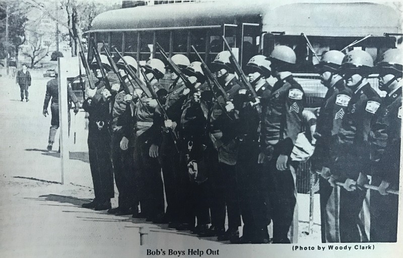 Picture in the March 14, 1969, edition of The Daily Tarheel capturing the state troopers, ordered by Governor Bob Scott, who helped with the evacuation of Manning Hall. 