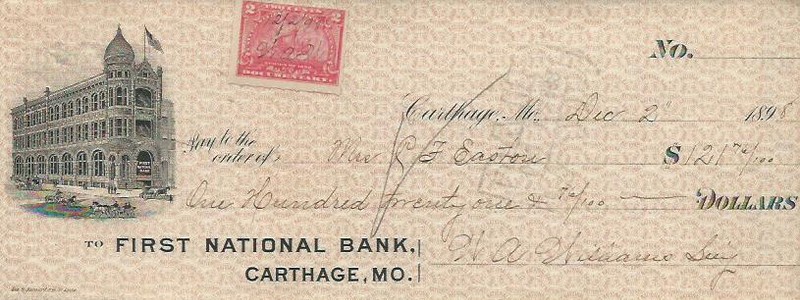 1898 1st National Bank check in the collection of the Powers Museum. Mrs. C. F. Easton is payee and W. A. Williams is payer. It was displayed as part of the 175th Anniversary of Carthage Exhibit at the Powers Museum.