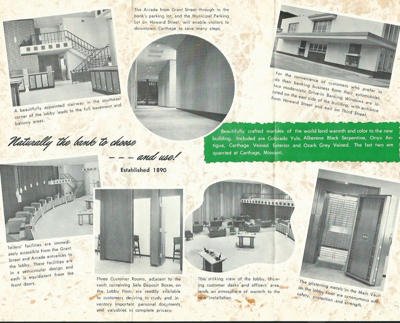Interior views of 1964 Central National Bank building (now United Missouri Bank). From CNB brochure displayed in 2017 exhibit.