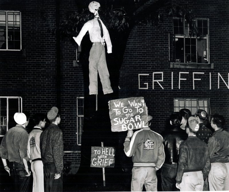 George Tech students protest Governor Marvin Griffin's opposition to the Sugar Bowl. Griffin was a segregationist and thought his opposition would play well with his political base. However, it mainly sparked outrage. 