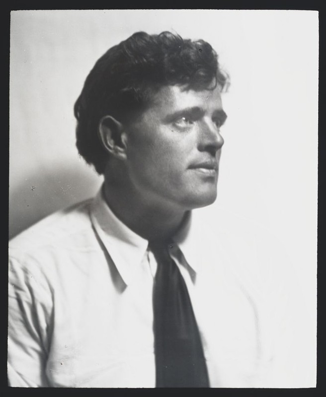 A portrait photograph of Jack London. 