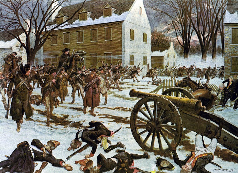 The Battle of Trenton as depicted by H. Charles McBarron, with the barracks in the background.
