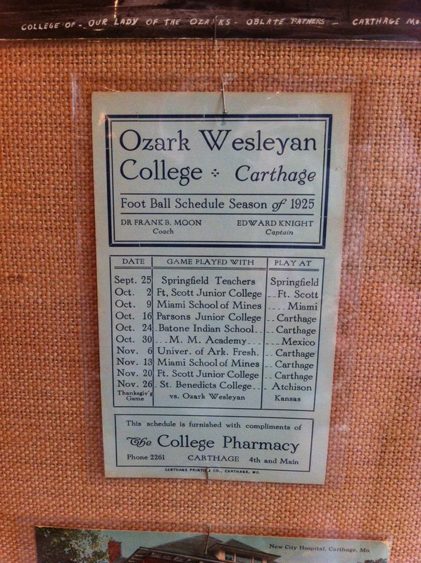 1925 Football Schedule for Ozark Wesleyan College on display during 2017's 175th Anniversary of Carthage exhibit at the Powers Museum.