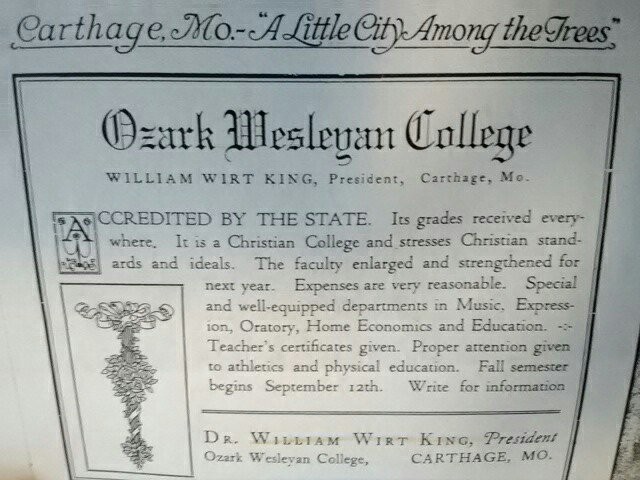 Advertisement for OWC found in c 1927 promotional booklet "Carthage Missouri The Open Gateway to the Ozarks" published by the Carthage Chamber of Commerce.