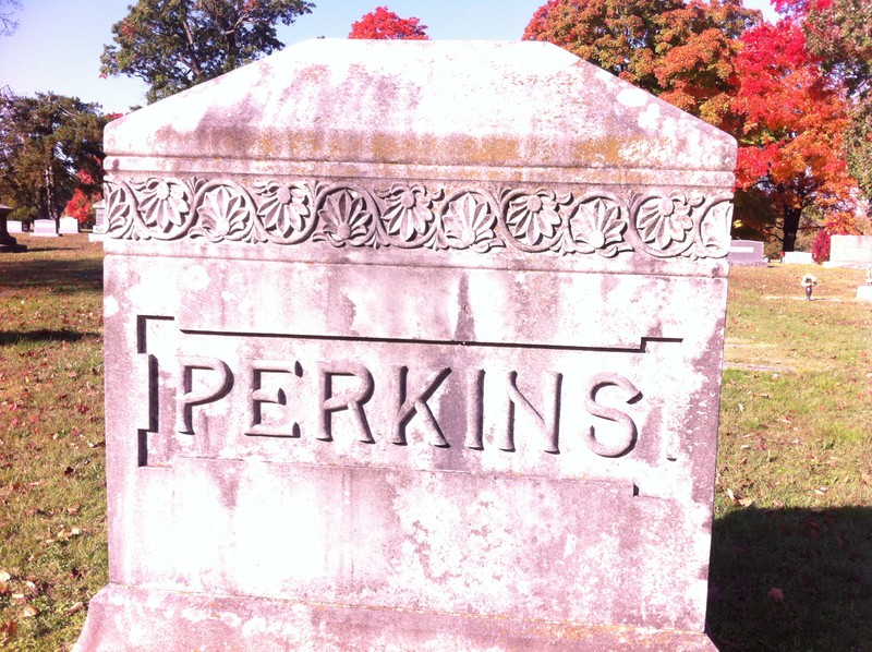 Perkins family marker in Park Cemetery. Joseph Perkins was a long-time county judge in the late 19th and early 20th centuries. He is the father of zoologist and television personality R. Marlin Perkins.