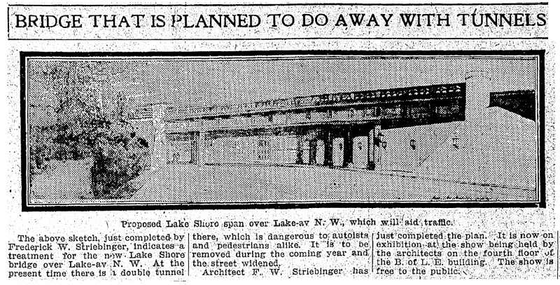 Article from the PLAIN DEALER on Dec. 23 1910 describing Striebinger's plans for a safer, more architecturally interesting railroad bridge over Lake Avenue. The bridge would also act as entrance to Edgewater Park.