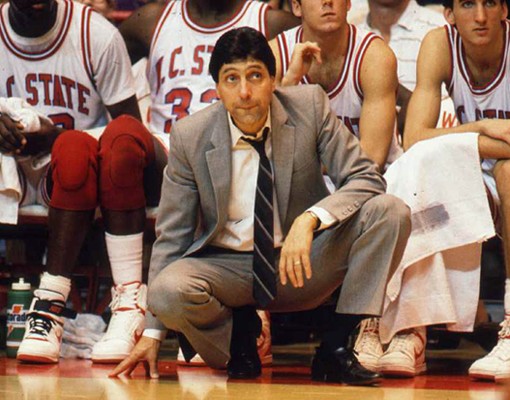 Jimmy Valvano coaching the Wolfpack players from the sidelines