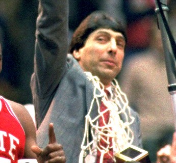 Jimmy Valvano with the net around his neck after winning the NCAA Championship in 1983