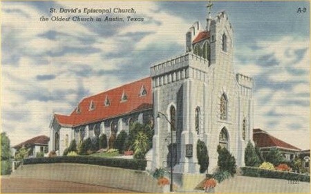 This 1940s-era postcard claims St. David's as the oldest church in Austin, Texas. Image obtained from uncoveredtexas.com. 