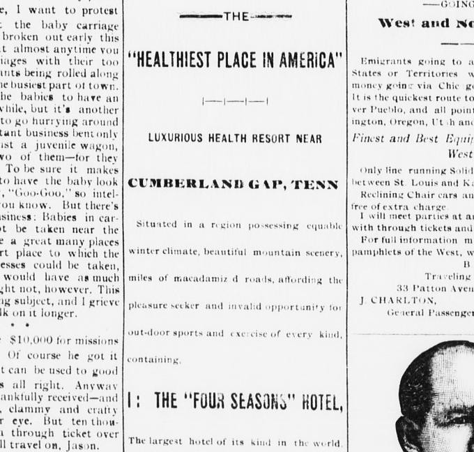 1/2 of an ad in the Asheville Daily Citizen for the Four Seasons Hotel. Alexander Arthur was friend with the Vanderbilts, and admired the Biltmore Estate located there.