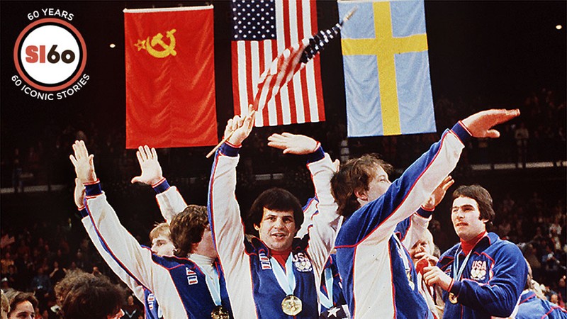 1980 US hockey team celebrating with their gold medals