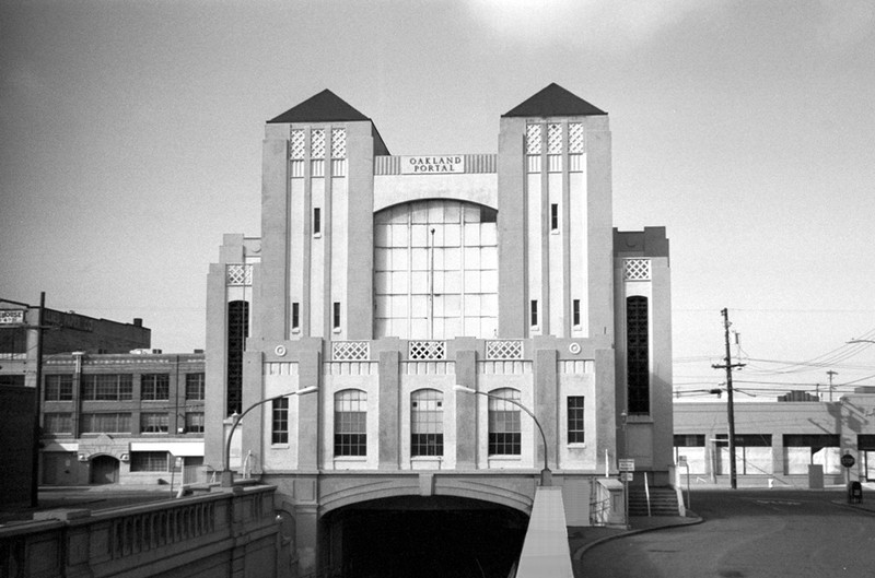 A Black and white shot of the tunnel building on the Oakland side of the estuary.